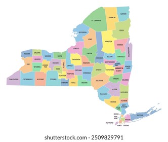 Nova York, estado dos EUA, subdividido em 62 condados, mapa político multicolorido com a capital Albany, fronteiras e nomes de condados. Estado na região da Nova Inglaterra dos Estados Unidos. O Estado Império.