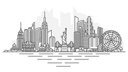 New York, USA Architecture Line Skyline Illustration. Linear Vector Cityscape With Famous Landmarks, City Sights, Design Icons. Landscape With Editable Strokes.