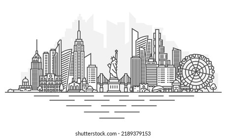 New York, USA architecture line skyline illustration. Linear vector cityscape with famous landmarks, city sights, design icons. Landscape with editable strokes.