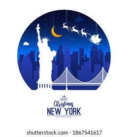 New York, USA. Christmas holiday background. Winter snowy landscape. Flat well known silhouettes.