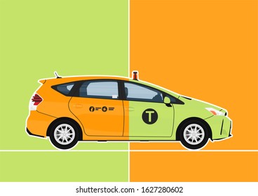 New York, USA. Circa Year 2020. Concept Of Green And Yellow Cab In New York. Side View Of Medallion Taxi And Boro Taxi. Flat Vector.