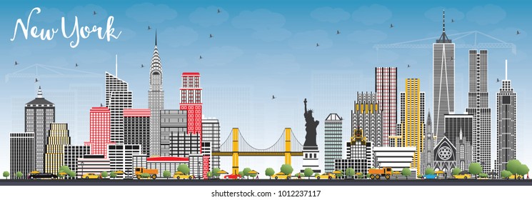 New York USA City Skyline with Gray Skyscrapers and Blue Sky. Vector Illustration. Business Travel and Tourism Concept with Modern Architecture. New York Cityscape with Landmarks.