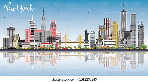 New York USA City Skyline with Gray Buildings, Blue Sky and Reflections. Vector Illustration. Business Travel and Tourism Concept with Modern Architecture. New York Cityscape with Landmarks.