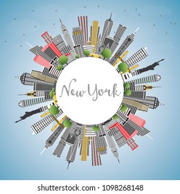 New York USA City Skyline with Gray Skyscrapers, Blue Sky and Copy Space. Vector Illustration. Business Travel and Tourism Concept with Modern Architecture. New York Cityscape with Landmarks.
