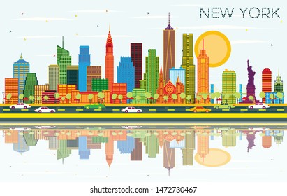 New York USA City Skyline with Color Skyscrapers, Blue Sky and Reflections. Vector Illustration. Business Travel and Tourism Concept with Modern Architecture. New York Cityscape with Landmarks.