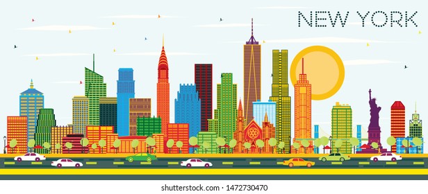 New York USA City Skyline with Color Skyscrapers and Blue Sky. Vector Illustration. Business Travel and Tourism Concept with Modern Architecture. New York Cityscape with Landmarks.