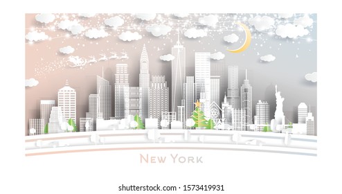 New York USA City Skyline in Paper Cut Style with Snowflakes, Moon and Neon Garland. Vector Illustration. Christmas and New Year Concept. Santa Claus on Sleigh. 