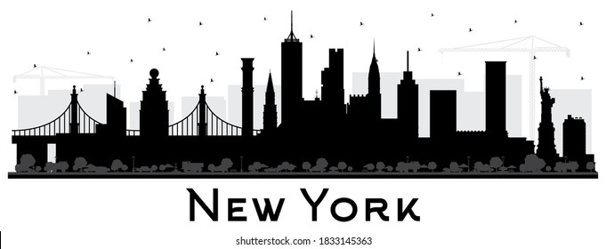 New York USA City Skyline Silhouette with Black Buildings Isolated on White. Vector Illustration. New York Cityscape with Landmarks. Business Travel and Tourism Concept with Modern Architecture.