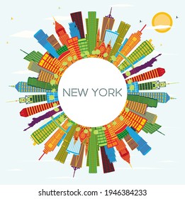 New York USA City Skyline with Color Skyscrapers, Blue Sky and Copy Space. Vector Illustration. Business Travel and Tourism Concept with Modern Architecture. New York Cityscape with Landmarks.