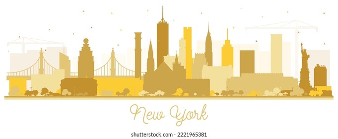 La silueta del Skyline de la ciudad de Nueva York con edificios dorados aislados en blanco. Ilustración vectorial. El paisaje urbano de Nueva York con monumentos. Concepto de viajes y turismo con arquitectura moderna.