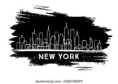 New York USA City Skyline Silhouette. Hand Drawn Sketch. Business Travel and Tourism Concept with Modern Architecture. Vector Illustration. New York Cityscape with Landmarks.