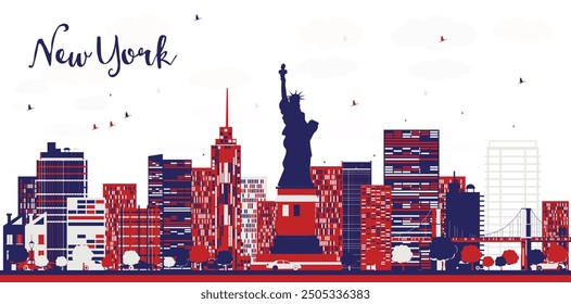 Nuevo horizonte de la ciudad de York, Estados Unidos, con edificios de color. Ilustración vectorial. Paisaje urbano con Lugares famosos.