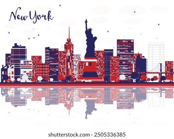 Nuevo horizonte de la ciudad de York, Estados Unidos, con edificios de colores y reflejos. Ilustración vectorial. Paisaje urbano con Lugares famosos.