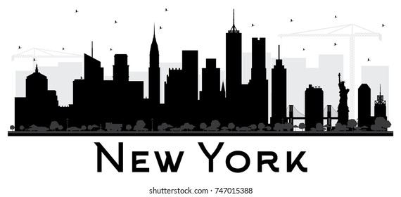 New York USA City skyline black and white silhouette. Vector illustration. Simple flat concept for tourism presentation, banner, placard or web site. Business travel concept. Cityscape with landmarks.