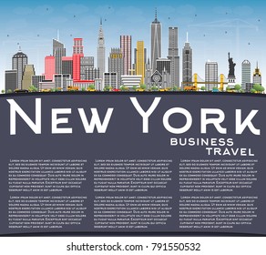 New York USA City Skyline with Gray Skyscrapers, Blue Sky and Copy Space. Vector Illustration. Business Travel and Tourism Concept with Modern Architecture. New York Cityscape with Landmarks.