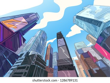 New York. USA. Hand drawn city. Urban sketch. Unusual perspectives. Vector illustration.