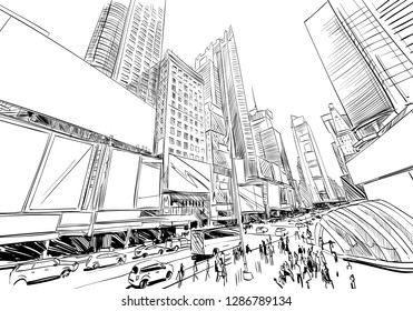 New York. USA. Hand drawn city. Urban sketch. Unusual perspectives. Vector illustration.