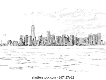  Nueva York. EE.UU. Dibujo de la ciudad dibujado a mano. Ilustración vectorial. Vector de stock
