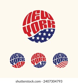 Nueva York EEUU pegatina patriótica o conjunto de botones. Ilustración vectorial para stickers de viajes, insignias políticas, camisetas.