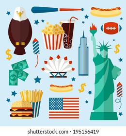 New York USA set of liberty statue skyscraper fast food isolated vector illustration