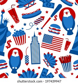 New York USA set of liberty statue skyscraper fast food seamless pattern vector illustration