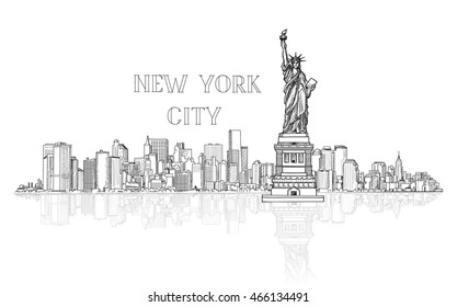 New York, USA skyline background. City silhouette engraving with Liberty monument. American landmarks. Urban  architectural landscape. Cityscape with famous buildings