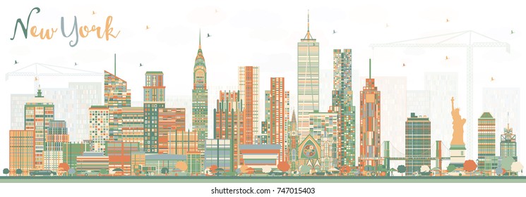 New York USA Skyline with Color Skyscrapers. Vector Illustration. Business Travel and Tourism Concept with Modern Architecture.