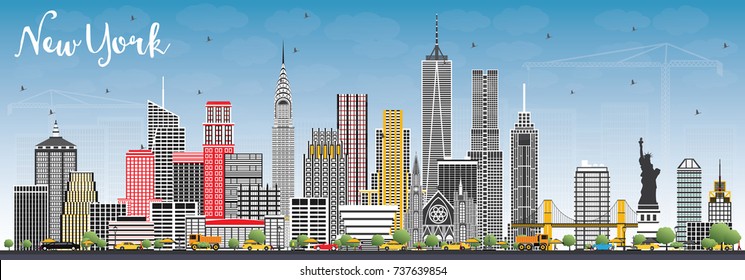 New York USA Skyline with Gray Skyscrapers and Blue Sky. Vector Illustration. Business Travel and Tourism Concept with Modern Architecture.