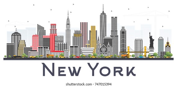 New York USA Skyline with Gray Skyscrapers Isolated on White Background. Vector Illustration. Business Travel and Tourism Concept with Modern Architecture.