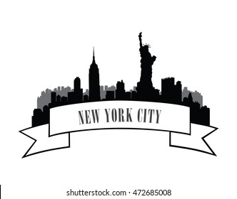 New York, USA skyline label. City silhouette with Liberty statue. American landmarks sign. Urban architectural landscape. Cityscape background with famous buildings