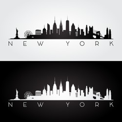 New York USA Skyline And Landmarks Silhouette, Black And White Design, Vector Illustration.