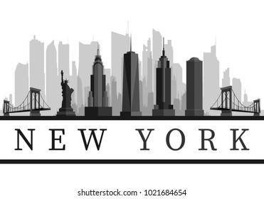 New York USA skyline and landmarks detailed silhouette, black and white design, vector illustration.