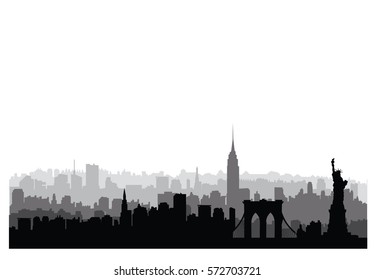 Skyline von New York, USA. NYC Stadt Silhouette mit Liberty Denkmal. Amerikanische Wahrzeichen. Städtische Architekturlandschaft. Stadtlandschaft mit berühmten Gebäuden