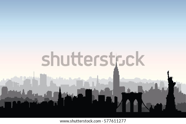 米国ニューヨーク スカイライン Nycの街のシルエットとリバティ モニュメント アメリカの目印 都市建築の景観 有名な建物のある都市の景観 のベクター画像素材 ロイヤリティフリー