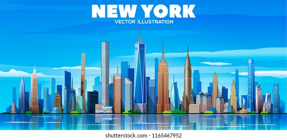 New York (USA) skyline on a white background. Flat vector illustration. Business travel and tourism concept with modern buildings. Image for banner or web site.