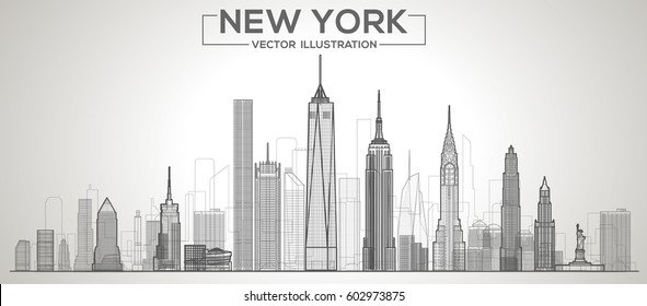 new york (USA) skyline with panorama in white background. Vector line Illustration. Business travel and tourism concept with modern buildings. Image for banner or web site.