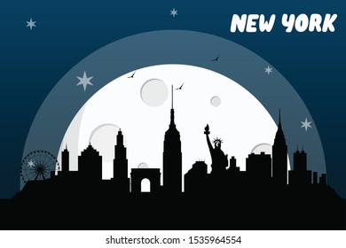 New York USA skyline silhouette vector design  on a full moon night
