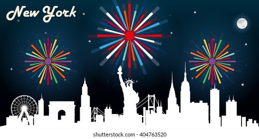 New York USA skyline silhouette vector design, dark night sky with fireworks