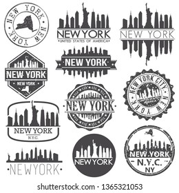 New York USA Skyline Vector Art Stamps. Silhouette Emblematic Buildings.