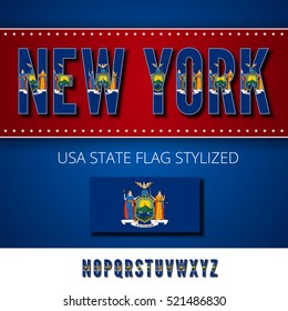 New York USA state flag font. Alphabet characters stylized by state flag. Vector typeset part 1, letters n-z