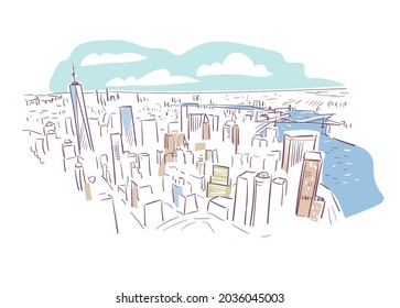 New York USA vector sketch city illustration line art colorful watercolor style