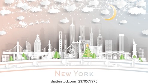 New York USA. Winter City Skyline in Paper Cut Style with Snowflakes, Moon and Neon Garland. Christmas and New Year Concept. Santa Claus on Sleigh. New York Cityscape with Landmarks.