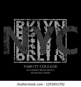 New York varsity college. Brooklyn typography for clothing design, sports T-shirt. Graphics for print, garment labeled grunge style. Icon for original sportswear. Vector illustration.