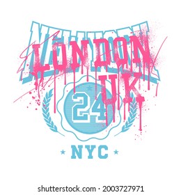 New York varsity print design with a custom graffiti London Uk typography