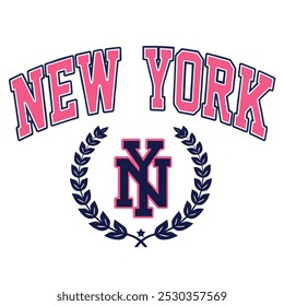 NEW YORK ,varsity, slogan graphic for t-shirt,vector,pink and blue colors