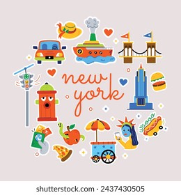 A new york vector designed with various nyc landmarks, monuments, and local food