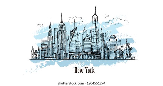 New York vector drawing, hand drawn illustration, sketch style. panorama