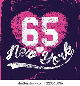 New York. Vector grunge fashion design print for summer t shirt with heart 