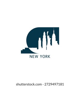 Ícone vetorial de Nova Iorque com horizonte, vista panorâmica, forma da cidade. EUA, conceito de logotipo de marcos de Nova York. Gráfico isolado plano azul, emblema