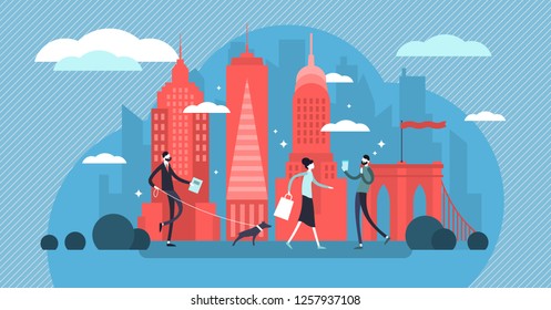 New York vector illustration. Manhattan metropolis for tourism culture tour. Flat landscape with downtown background silhouette. United states city with local people and famous skyline architecture.